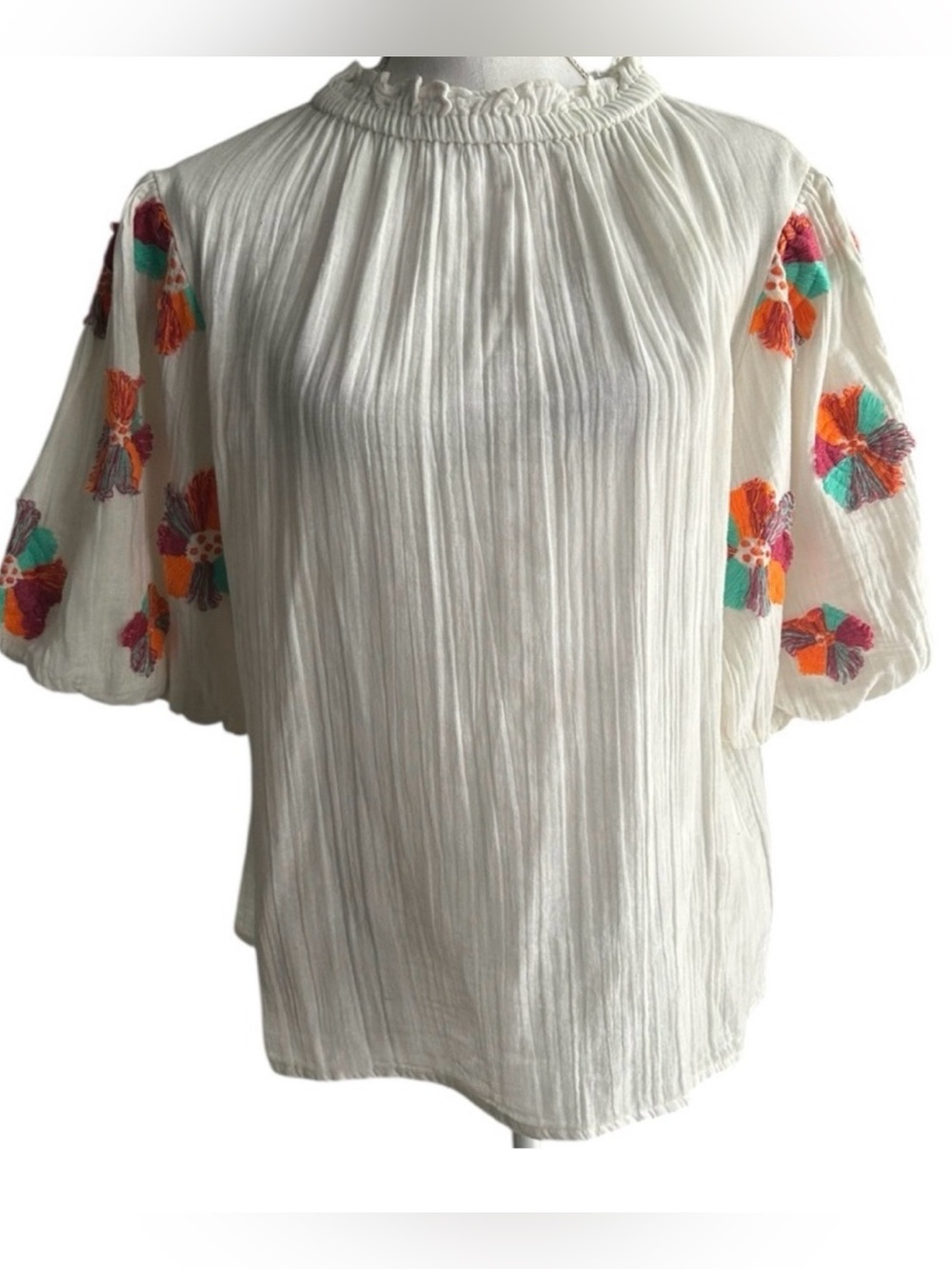THML Sz M White Cotton Gauze Embroidered Puff Sleeve Blouse Top XS